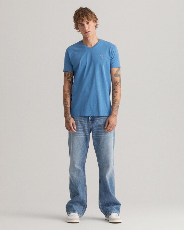 Gant Original Slim Fit V-Neck Men's T-shirts Blue | z6QAGypN7em