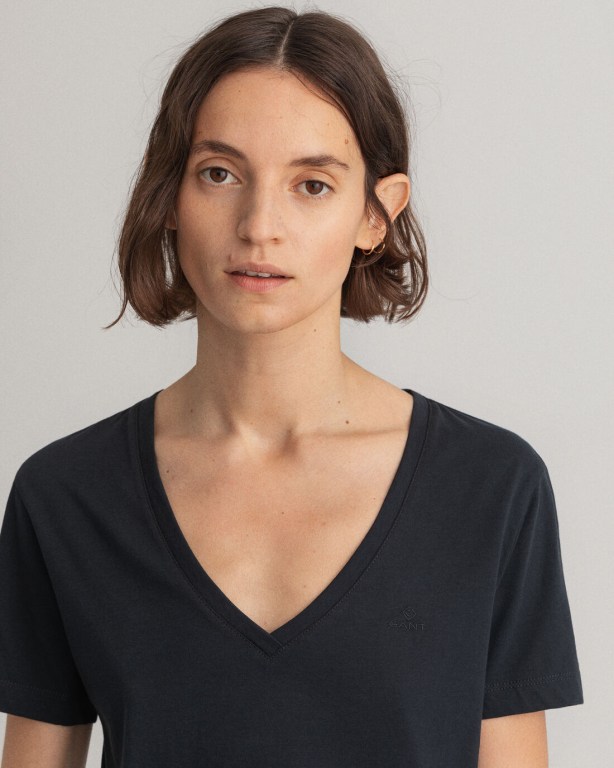 Gant Original V-Neck Women's T-shirts Black | TEFeXPKredv