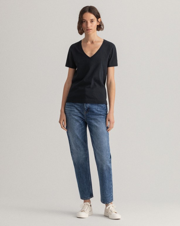 Gant Original V-Neck Women's T-shirts Black | TEFeXPKredv