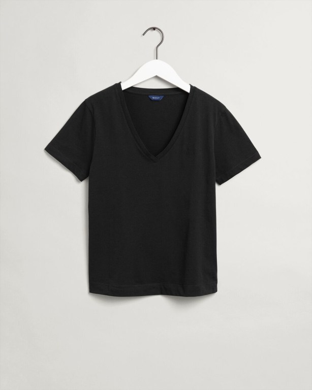 Gant Original V-Neck Women's T-shirts Black | TEFeXPKredv