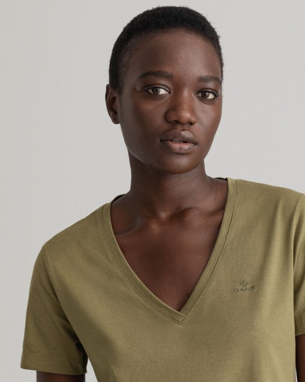 Gant Original V-Neck Women's T-shirts Green | VwLSVkZFmLI