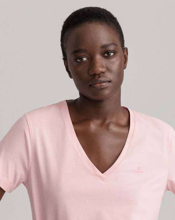 Gant Original V-Neck Women's T-shirts Pink | soSOwMmMzdJ