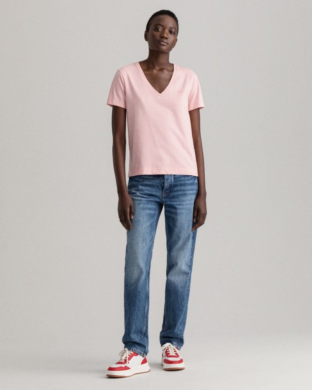 Gant Original V-Neck Women's T-shirts Pink | soSOwMmMzdJ