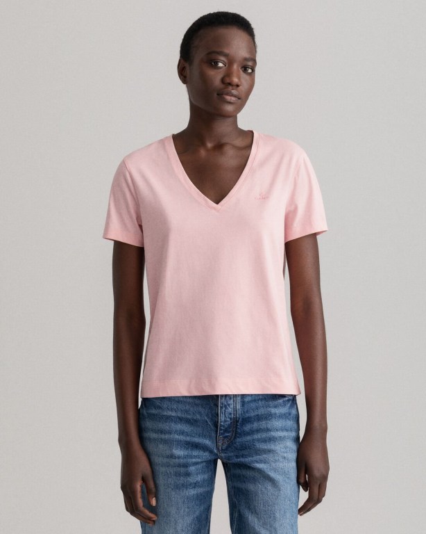 Gant Original V-Neck Women\'s T-shirts Pink | soSOwMmMzdJ