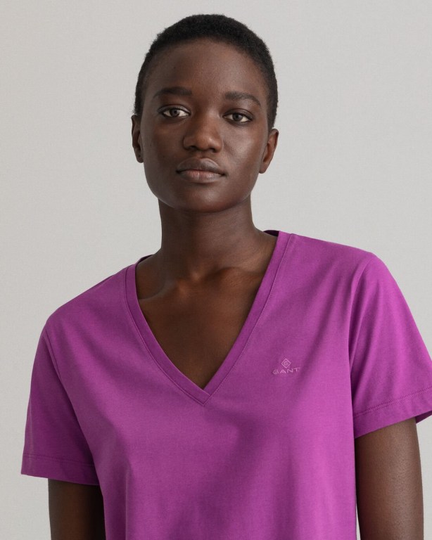 Gant Original V-Neck Women's T-shirts Purple | C0byjNnjxah