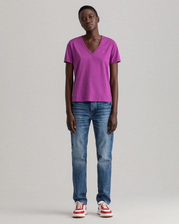 Gant Original V-Neck Women's T-shirts Purple | C0byjNnjxah