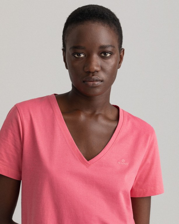 Gant Original V-Neck Women's T-shirts Rose | NXn4OFXP2r0