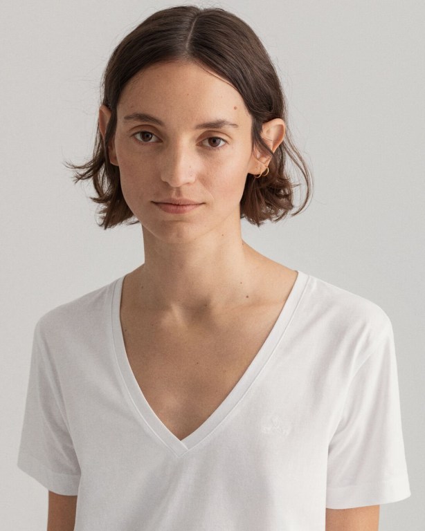 Gant Original V-Neck Women's T-shirts White | Y4D4xui8Qfp