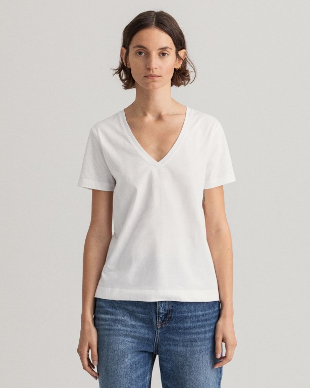 Gant Original V-Neck Women\'s T-shirts White | Y4D4xui8Qfp