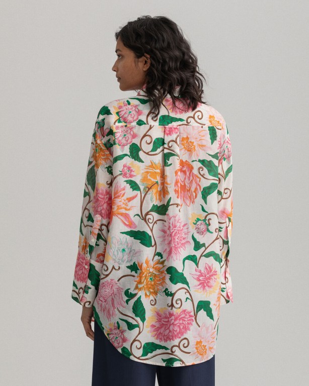 Gant Oversized Dahlia Print Cotton Silk Women's Shirts White | gfpUXR7lAKR