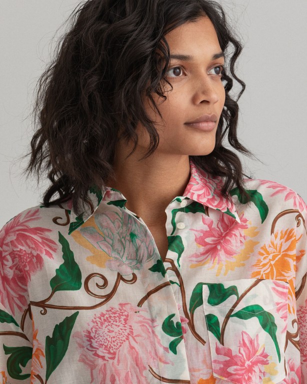 Gant Oversized Dahlia Print Cotton Silk Women's Shirts White | gfpUXR7lAKR