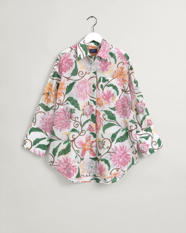 Gant Oversized Dahlia Print Cotton Silk Women's Shirts White | gfpUXR7lAKR