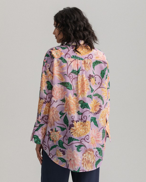 Gant Oversized Dahlia Print Cotton Silk Women's Shirts Purple | hCfUhjdBWNV