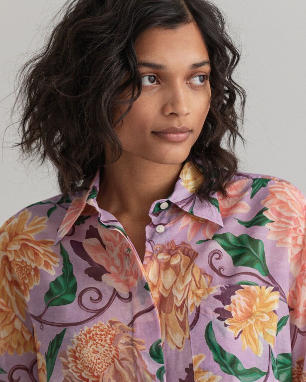 Gant Oversized Dahlia Print Cotton Silk Women's Shirts Purple | hCfUhjdBWNV