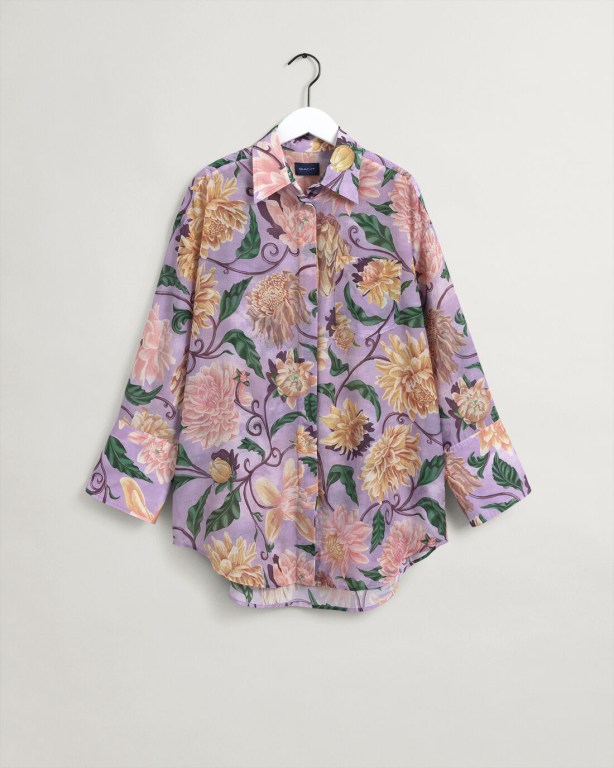 Gant Oversized Dahlia Print Cotton Silk Women's Shirts Purple | hCfUhjdBWNV