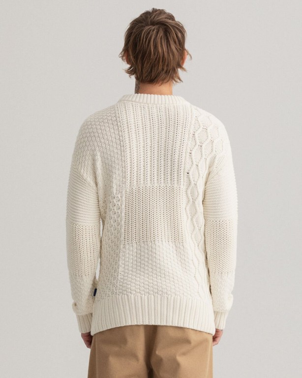 Gant Patchwork Crew Neck Men's Cable Knit Jumpers White | 6KYIuuy5E7U