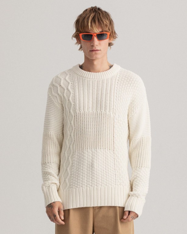 Gant Patchwork Crew Neck Men's Cable Knit Jumpers White | 6KYIuuy5E7U