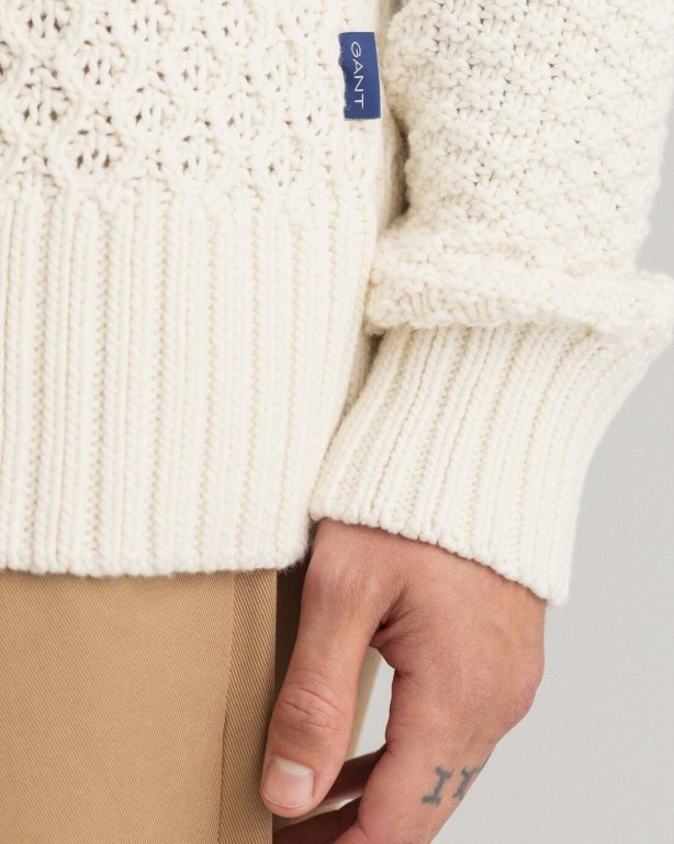 Gant Patchwork Crew Neck Men's Cable Knit Jumpers White | 6KYIuuy5E7U