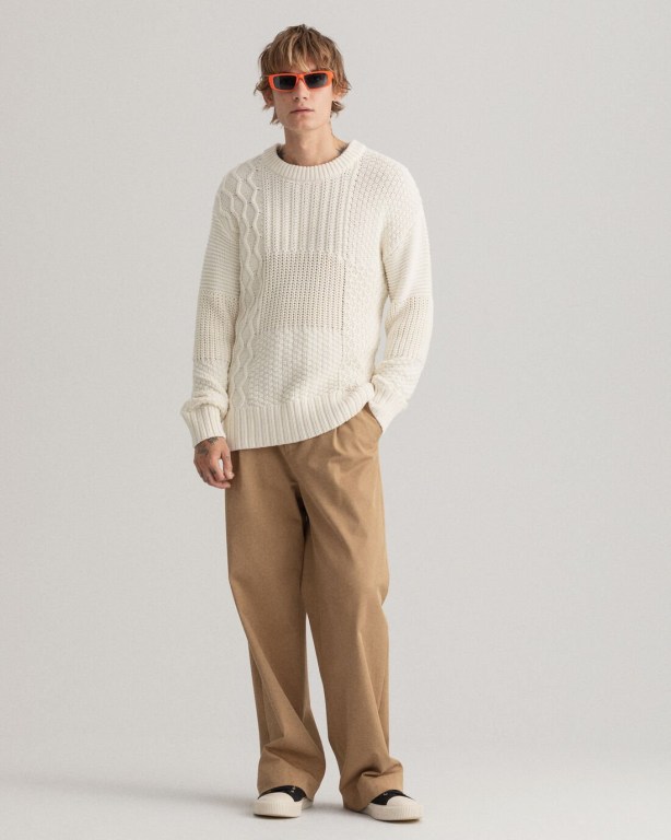 Gant Patchwork Crew Neck Men's Cable Knit Jumpers White | 6KYIuuy5E7U