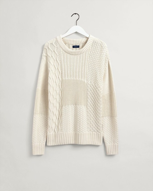 Gant Patchwork Crew Neck Men's Cable Knit Jumpers White | 6KYIuuy5E7U