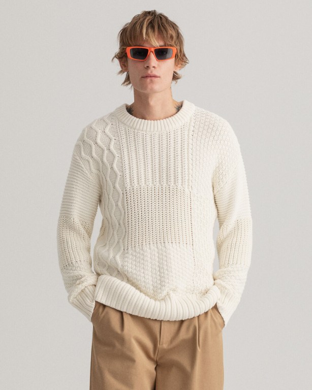 Gant Patchwork Crew Neck Men\'s Cable Knit Jumpers White | 6KYIuuy5E7U