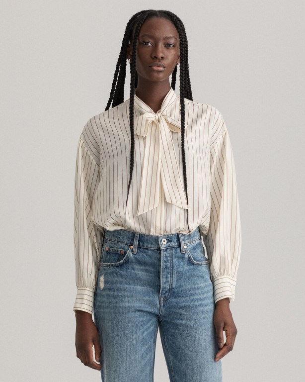 Gant Pinstripe Bow Silk Women's Shirts White | MPcSBx9xsnr