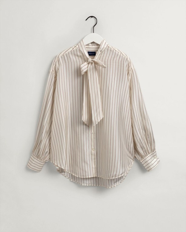 Gant Pinstripe Bow Silk Women's Shirts White | MPcSBx9xsnr