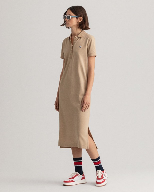 Gant Piqué Polo Women's Dresses Dark Khaki | v0wKhUjis5m