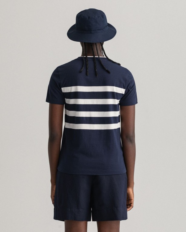 Gant Printed Striped Women's T-shirts Blue | dZtgCu6dxEo