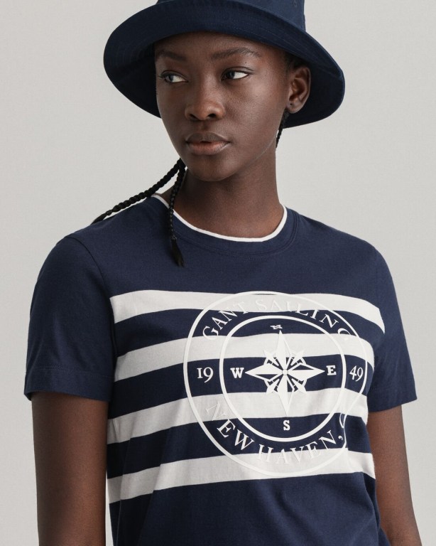 Gant Printed Striped Women's T-shirts Blue | dZtgCu6dxEo