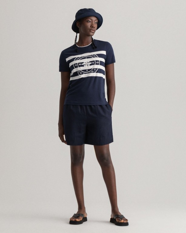 Gant Printed Striped Women's T-shirts Blue | dZtgCu6dxEo