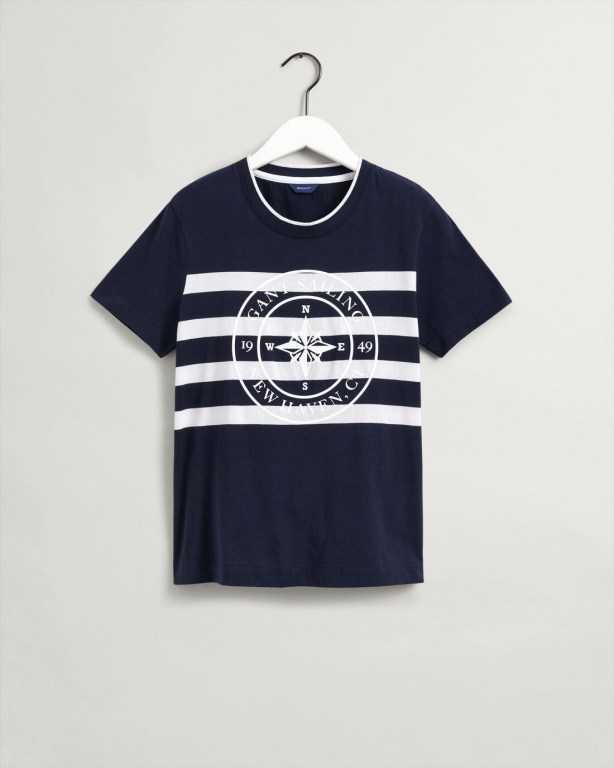 Gant Printed Striped Women's T-shirts Blue | dZtgCu6dxEo