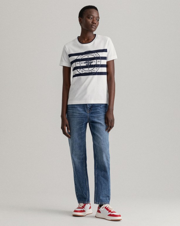 Gant Printed Striped Women's T-shirts White | 8T8CE89GWfd