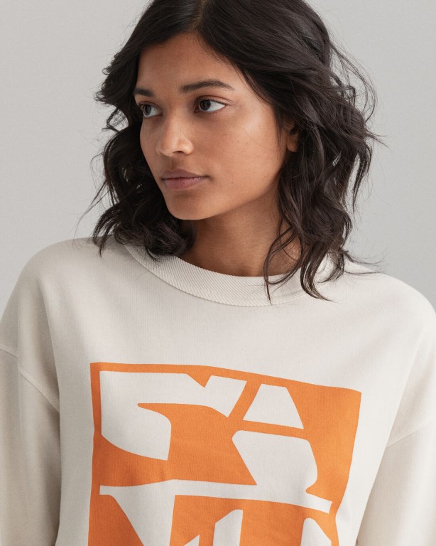 Gant Quadrat Logo Crew Neck Women's Sweatshirts White | B3LLV2JhASK