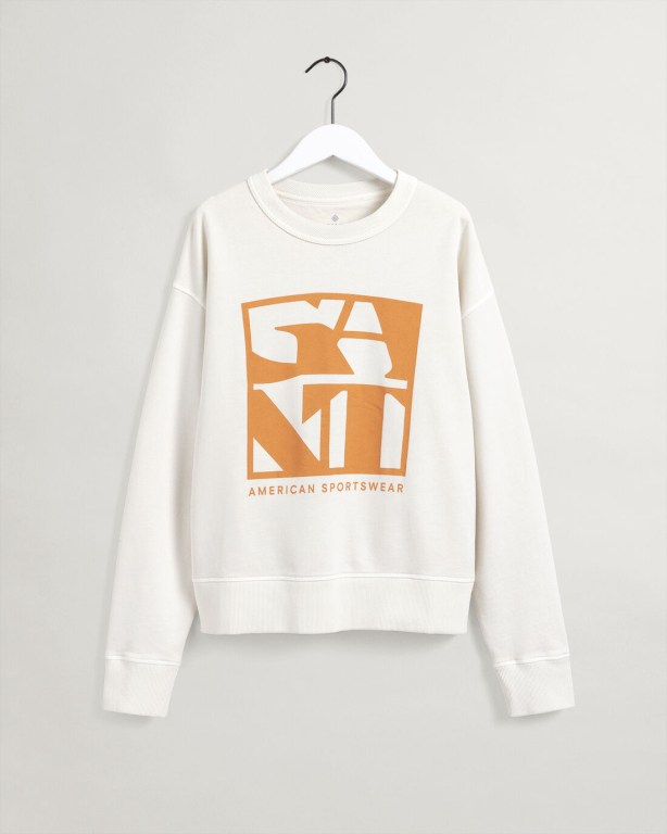 Gant Quadrat Logo Crew Neck Women's Sweatshirts White | B3LLV2JhASK