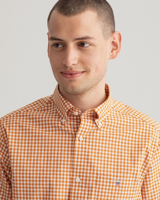 Gant Regular Fit Broadcloth Gingham Men's Shirts Dark Mustard Orange | 5ZxIJHk3Kjo