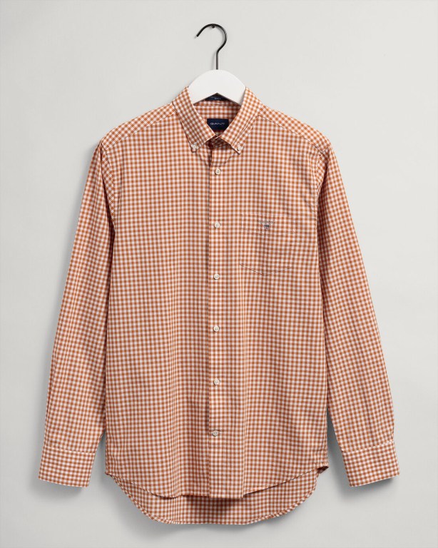 Gant Regular Fit Broadcloth Gingham Men's Shirts Dark Mustard Orange | 5ZxIJHk3Kjo