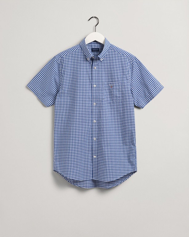 Gant Regular Fit Broadcloth Gingham Short Sleeve Men's Shirts Blue | sLpDU7nu3XQ