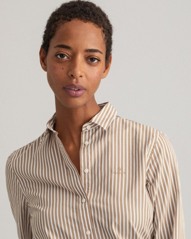 Gant Regular Fit Broadcloth Striped Women's Shirts Khaki | GVRpeDP2yjG