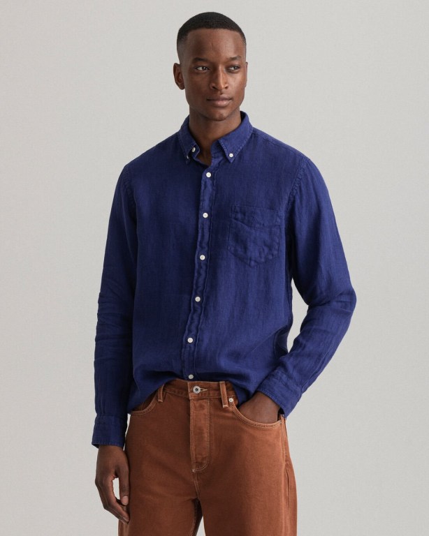 Gant Regular Fit Gart-Dyed Linen Men's Shirts Blue | D9kFfzhzole