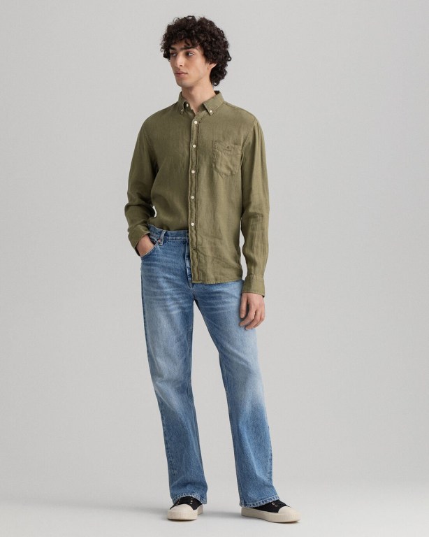 Gant Regular Fit Gart-Dyed Linen Men's Shirts Green | fh7QSHNpikg