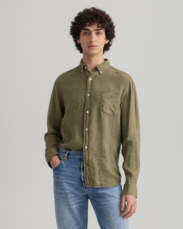 Gant Regular Fit Gart-Dyed Linen Men\'s Shirts Green | fh7QSHNpikg