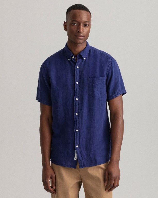 Gant Regular Fit Gart-Dyed Linen Short Sleeve Men's Shirts Blue | XaPNFwUsL0X