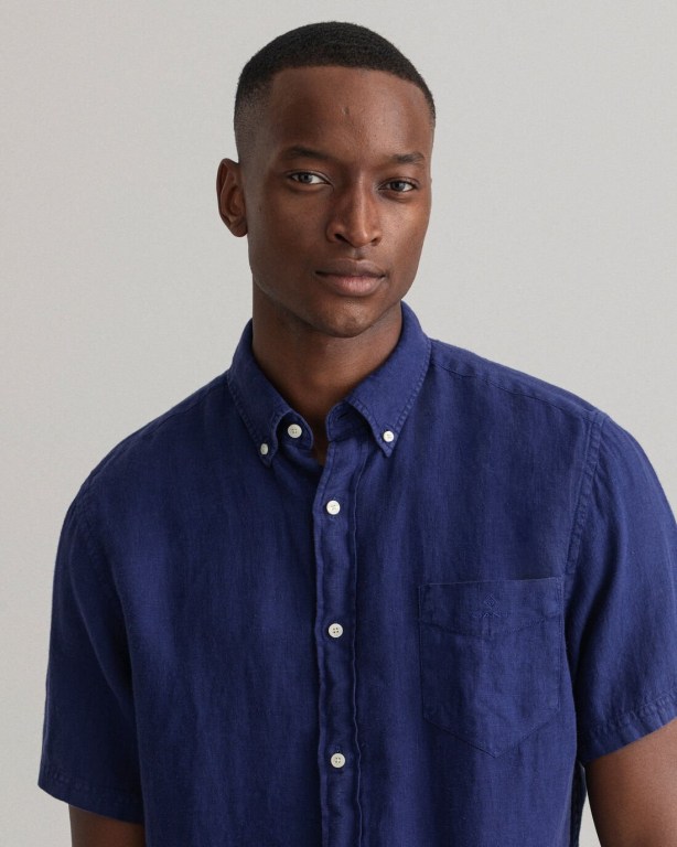 Gant Regular Fit Gart-Dyed Linen Short Sleeve Men's Shirts Blue | XaPNFwUsL0X