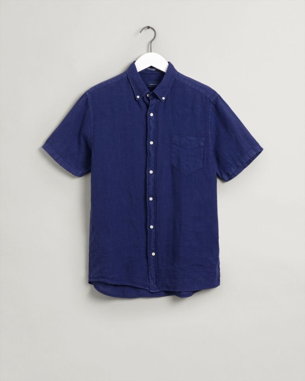 Gant Regular Fit Gart-Dyed Linen Short Sleeve Men's Shirts Blue | XaPNFwUsL0X