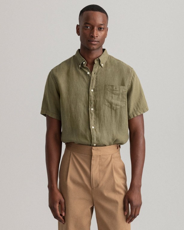 Gant Regular Fit Gart-Dyed Linen Short Sleeve Men's Shirts Green | q2OySteiBVC