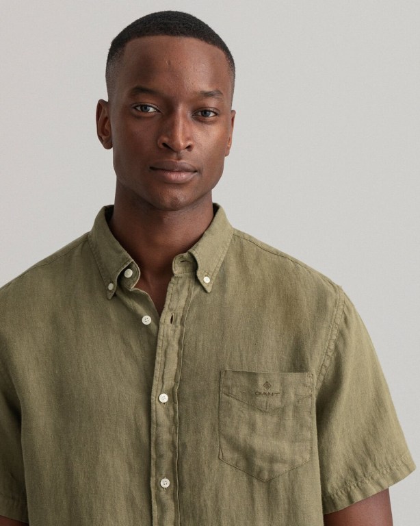 Gant Regular Fit Gart-Dyed Linen Short Sleeve Men's Shirts Green | q2OySteiBVC