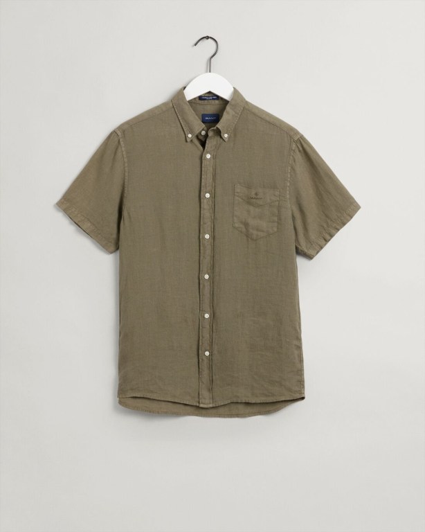 Gant Regular Fit Gart-Dyed Linen Short Sleeve Men's Shirts Green | q2OySteiBVC