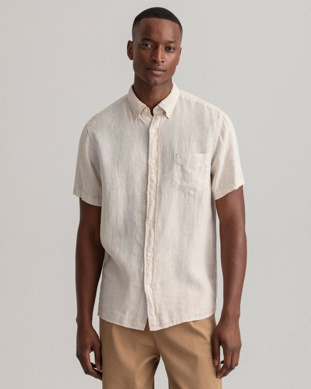 Gant Regular Fit Gart-Dyed Linen Short Sleeve Men's Shirts White | uVXv05tPQLW