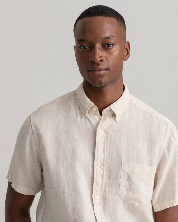 Gant Regular Fit Gart-Dyed Linen Short Sleeve Men's Shirts White | uVXv05tPQLW